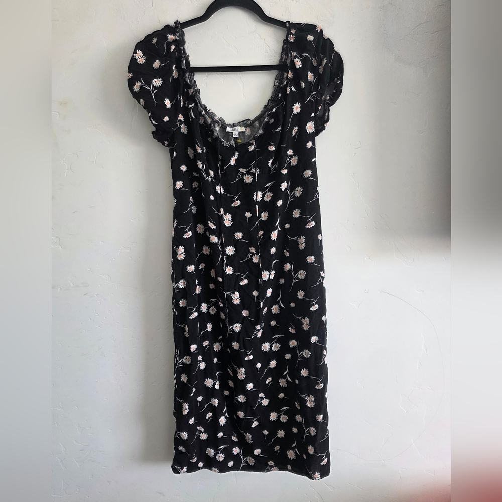 Black Floral Slip Dress with Lace Trim
